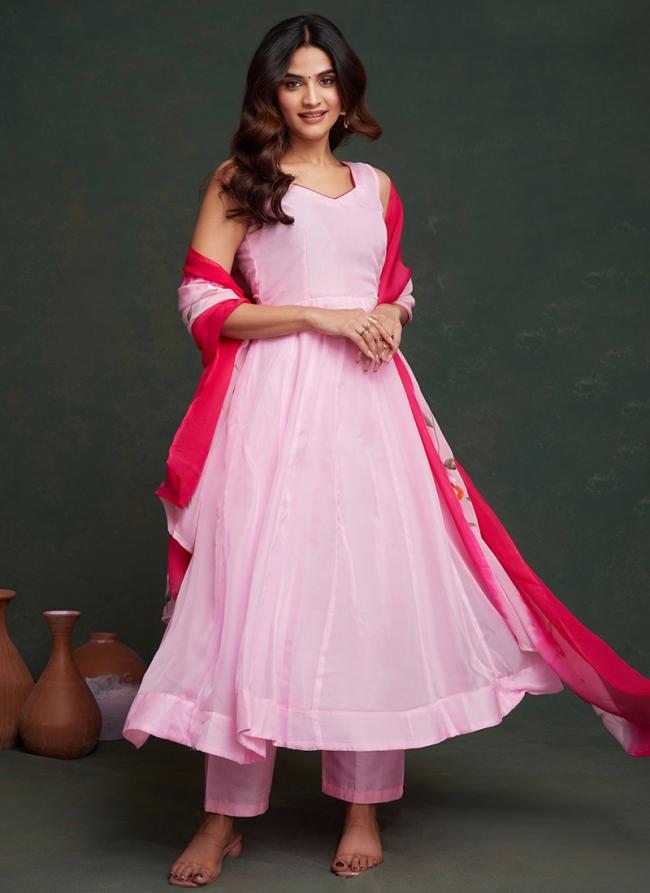 Viscose Organza Light Pink Casual Wear Hand Painted Readymade Anarkali Suit